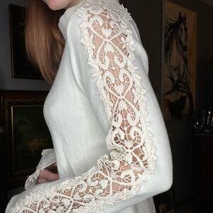 Knitted and Knotted Lace Funnel Neck Pullover